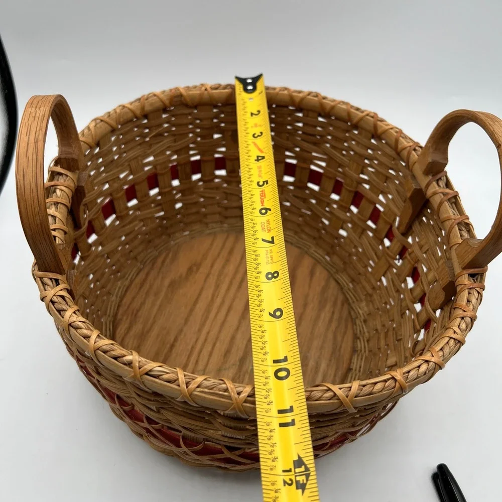Handmade Round Woven Basket Wood Base Red Accent Band Bentwood Handles 11in